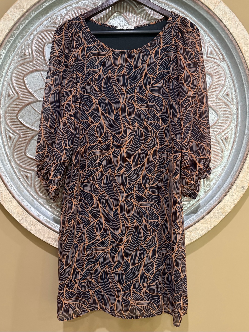 ezra Navy W/ Copper Wave-Leaf Print Quarter Semi-Sheer Sleeves Midi Formal Dress